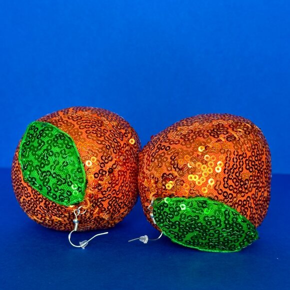 DiscoFruits Plush Sparkly Sequin Statement Disco Orange Earrings Orange & Green - Picture 4 of 5